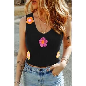 Vintage Inspired Black Sleeveless 3D Crochet Flower Scoop Knit Crop Top Large